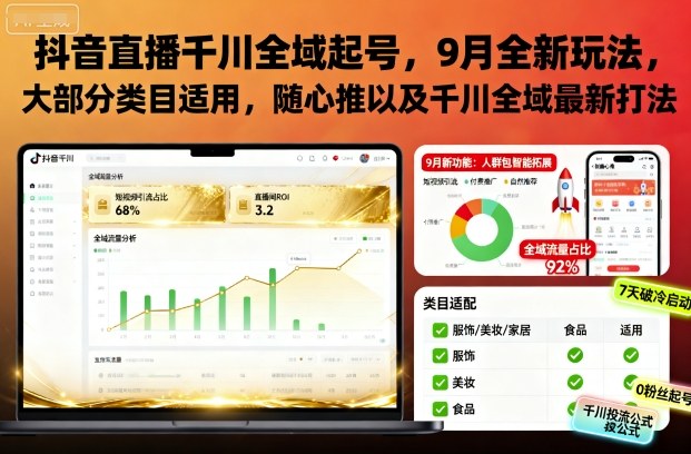 抖音直播千川全域起号,9月全新玩法,大部分类目适用,随心推以及千川全域最新打法