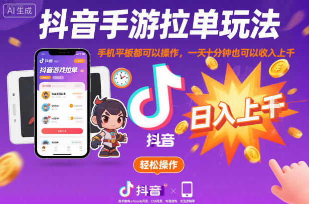 抖音手游拉单玩法,手机平板都可以操作,一天十分钟也可以收入上K【揭秘】