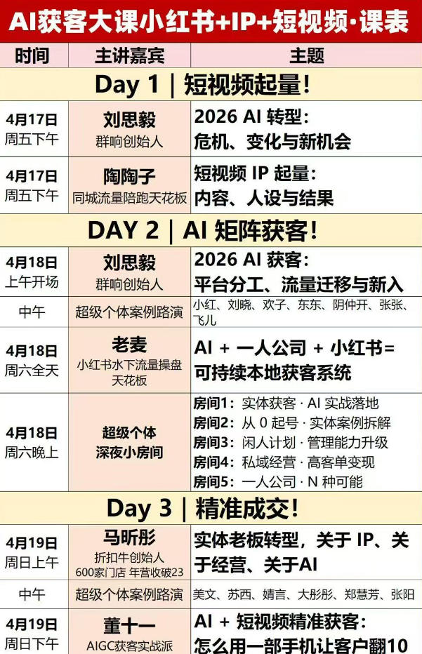 AI获客大课小红书+IP+短视频3天2夜线下课，用最真实的一线案例，最前沿的AI工具，最有效的流量打法（完整版）