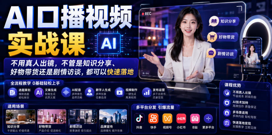 AI口播视频实战课，不用真人出镜，不管是知识分享[/erphpdown]、好物带货还是剧情访谈，都可以快速落地